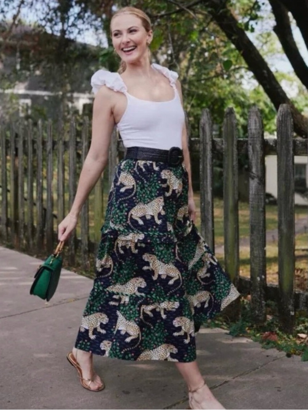 Printfresh black (Ink) Leopard & Green Foliage Tiered Midi Skirt